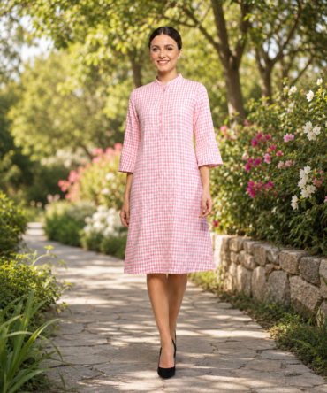 Blush Pink Textured Straight Check Midi Dress
