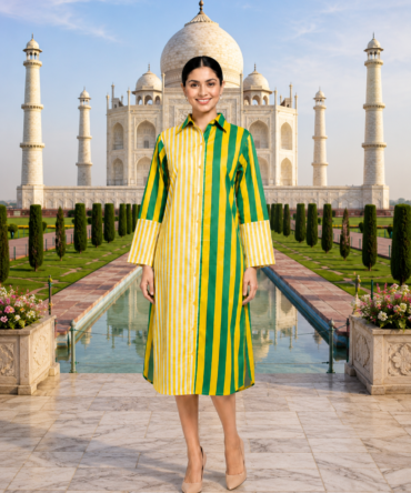 Green & Yellow Striped Cotton Dress
