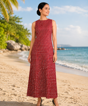 Red Checked Sleeveless Maxi Dress