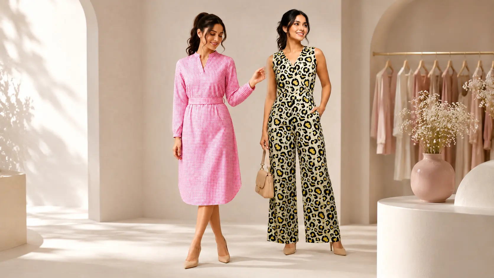 Divytva's pink midi dress and leopard jumpsuit